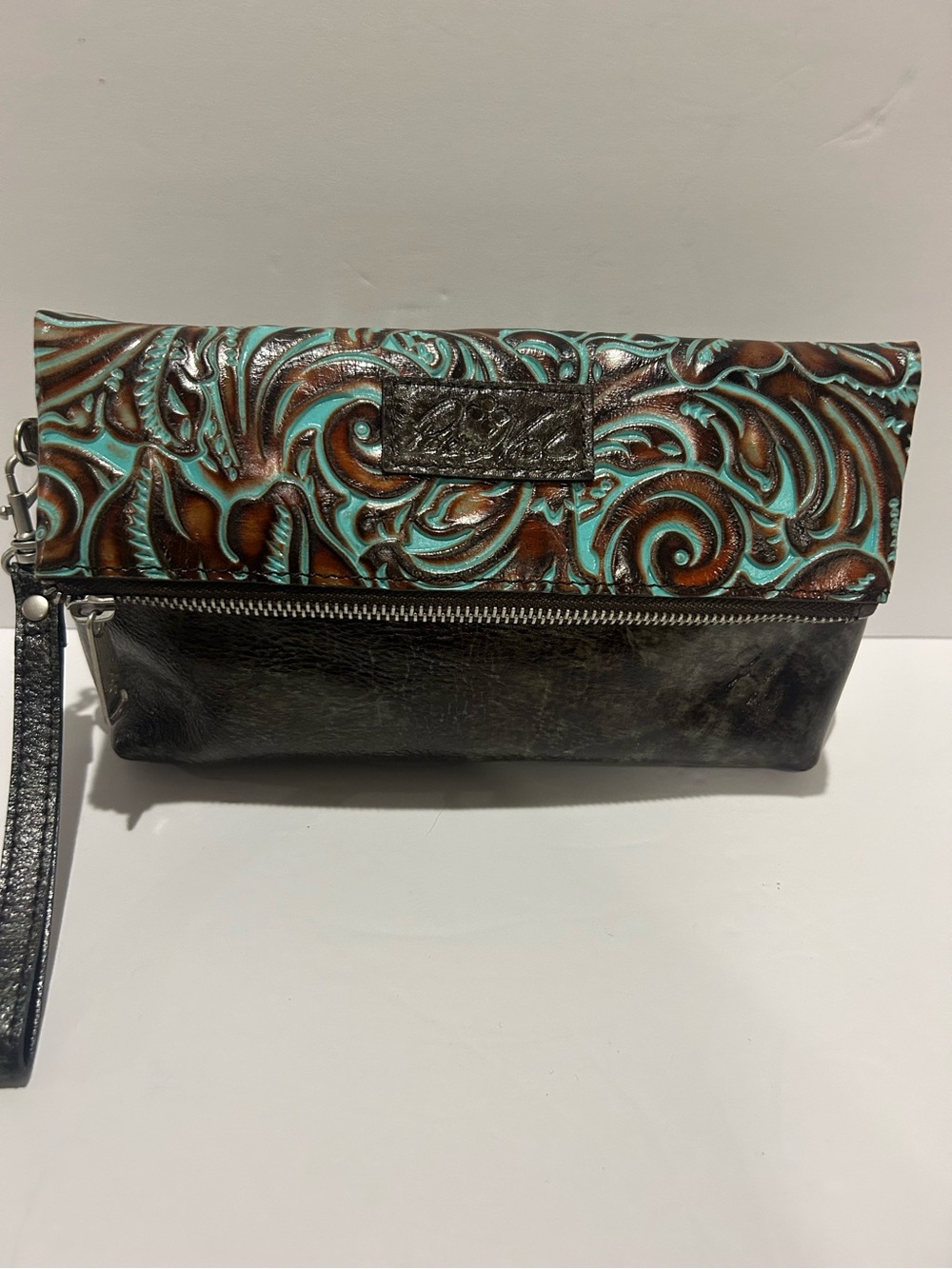 Patricia Nash Valerie Fold Over Wristlet Tooled Leather Turquoise Brown Clutch